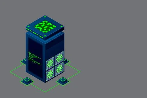 Data center with server racks isometric. Internet network equipment, smart te Stock Illustration