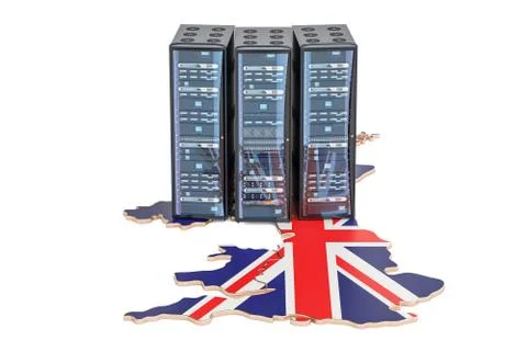 Data Center server racks in United Kingdom concept, 3D rendering Stock Photos