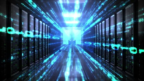 Data Center Server Room and Rotating Matrix Binary Code Stock Footage 334156355