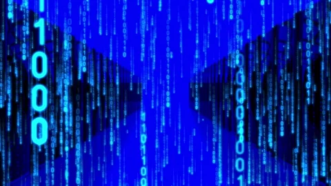 Data Center Server Room with Blue Matrix Binary Code Video stock 334155849