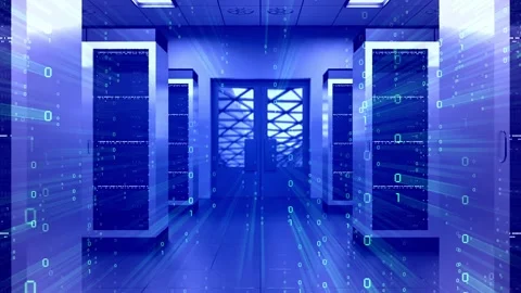 Data Center Server Room with Blue Server Racks and Binary Code Video stock 334156371