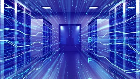 Data Center Server Room with Encryption Letters and Fiber Optics Lines Stock Footage 334156905