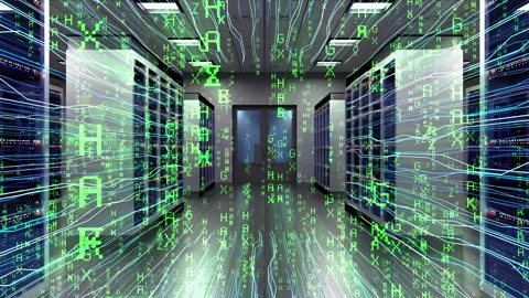 Data Center Server Room with Encryption Speeding Letters and Fiber Optic Lines Stock Footage 334156984