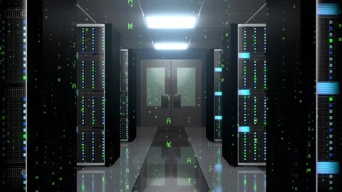 Data Center Server Room with Falling Encryption Matrix Letters Code Stock Footage 334156036