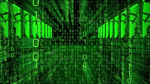 Data Center Server Room with Green Matrix Binary Code Stock Footage 334156232