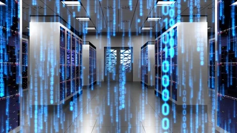 Data Center Server Room with Matrix Binary Code Falling Down Stock Footage 334156417
