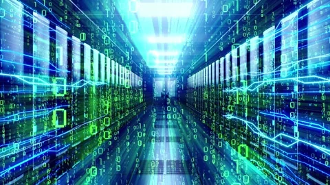 Data Center Server Room with Matrix Binary Code and Fiber Optics Lines Stock Footage 334156790