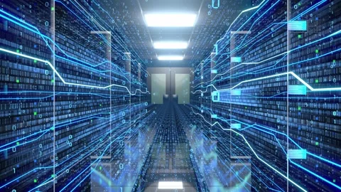 Data Center Server Room with Matrix Binary Code and Fiber Optics Lines Stock Footage 334156823