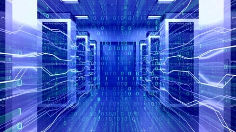 Data Center Server Room with Matrix Binary Code and Fiber Optics Lines Stock Footage 334156842