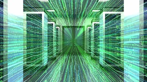 Data Center Server Room with Matrix Binary Code and Fiber Optics Lines Stock Footage 334157270