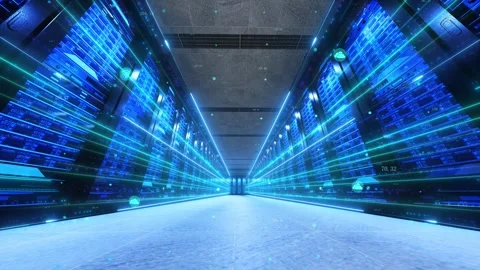 Data center server rooms and flowing data information Stock Footage 331070999
