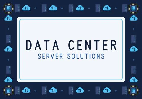 Data center server solutions banner template with cloud, server rack and Stock Illustration