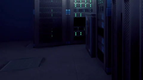 Data center with servers and blue lighting at night Stock Footage 348554773