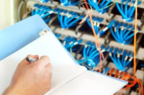 Data center servers and fiber optic cable Stock Photos
