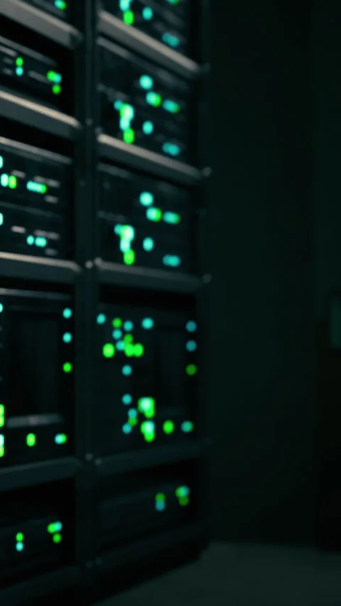 Data center with servers and lights during night hours Stock Footage 338387667