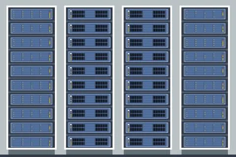 Data center servers in cabinets. Internet communication technology vector. Illustrazione stock