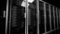 Data center servers glass fronted flashing lights tracking shot centre HD Footage