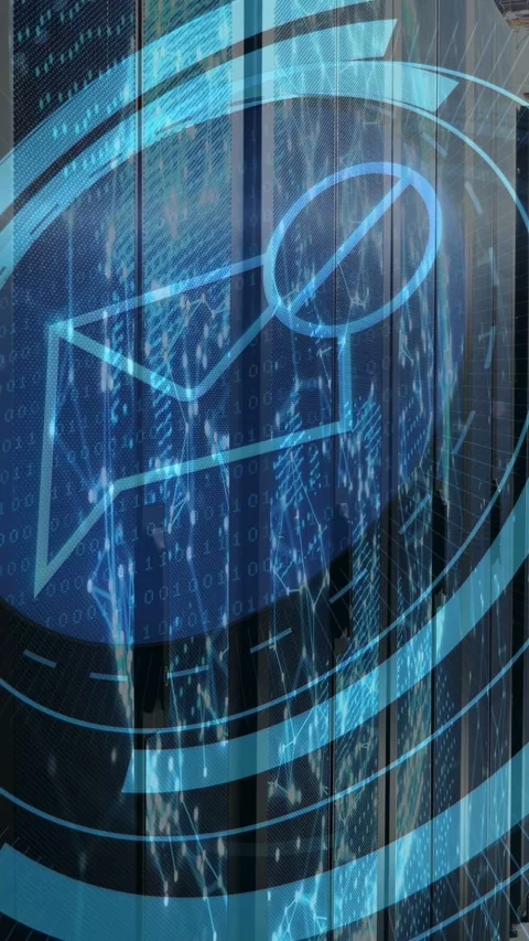Data center servers glowing with network patterns while HUD appearing and 库存影片 332985167