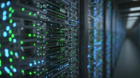 Data Center Servers with Green and Blue Lights Stock Footage 330314494