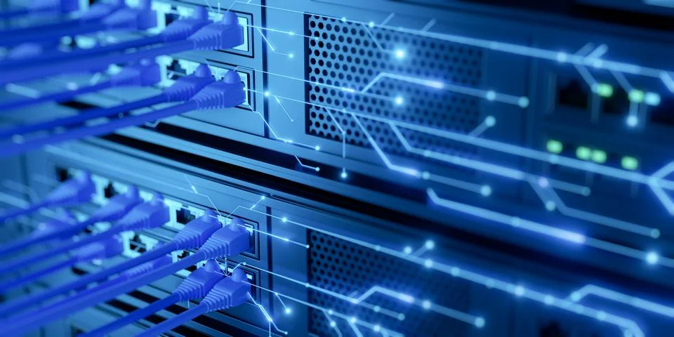 Data Center Servers with Network Cables and Digital Connections Stock Illustration