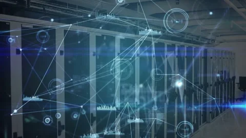 Data center servers receiving data and initiating overlays with nodes, waveforms Stock Footage 332843797
