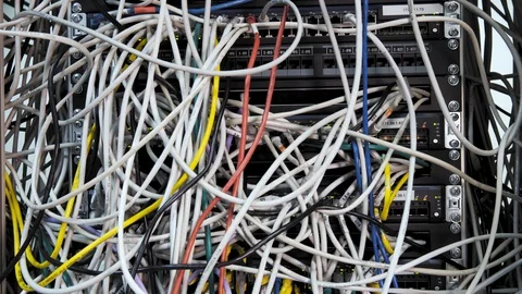Data Center Servers Switchboard panel with chaotic mess cables  Stock-Footage 102145732