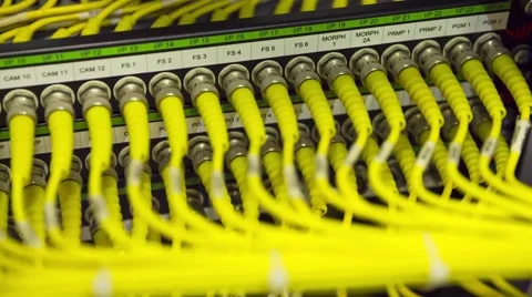 Data Center Servers With Yellow Cable Upload And Download Server  - Pan Left 動画素材 58851672