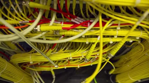 Data Center Servers With Yellow Cable Upload And Download Server  - Tilt Up Видео 58944862