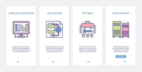 Data center settings, cloud storage UX, UI onboarding mobile app page screen set イラスト素材