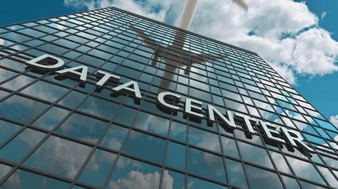 DATA CENTER signboard on a modern skyscraper reflecting flying plane. 3D Stock Illustration
