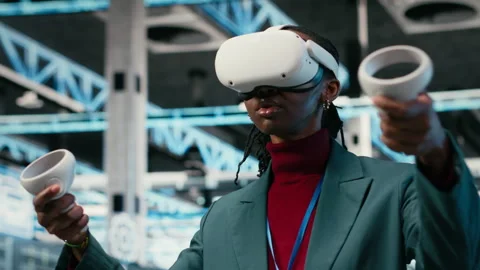 Data center smiling programmer uses VR headset technology Stock-Footage 329650583