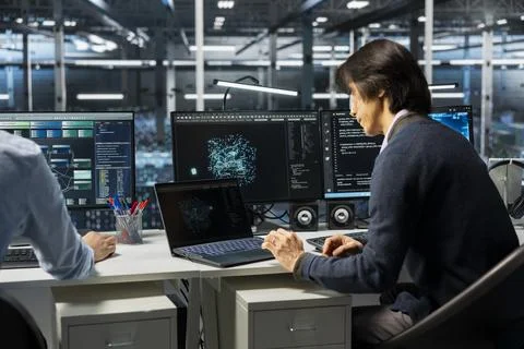 Data center software developer adjusting AI model parameters 写真素材