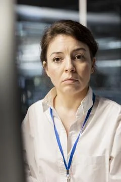 Data center software developer analyzing program logs metrics, close up 库存照片