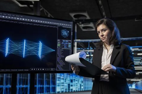 Data center software developer auditing AI LLM documentation Foto stock