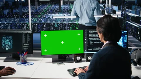 Data center software developer managing AI systems using green screen PC Stock Footage 313568799