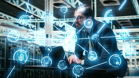 Data center software developer managing infrastructure systems, AR overlay Stock Footage 333166811