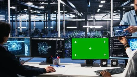 Data center software developer managing AI systems using green screen PC Stock Photos