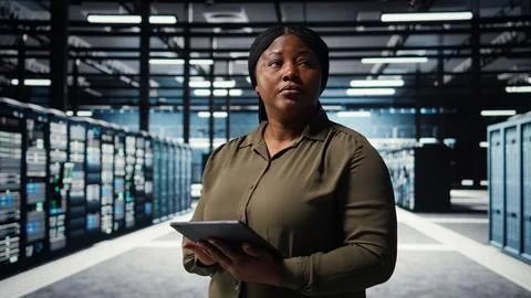 Data center software developer monitors data center metrics on tablet Stock Photos