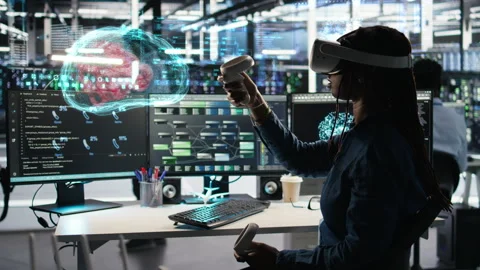 Data center software developer uses virtual reality simulation, VFX compositing Stock Footage 323831698