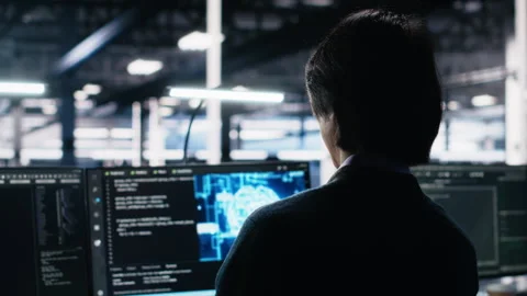 Data center software developer using computer to monitor neural network AI LLM Stock Footage 313566145