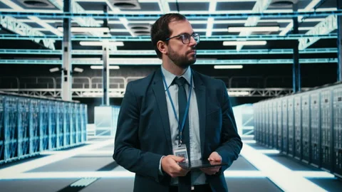Data center software developer using tablet and augmented reality Stock Footage 329720948