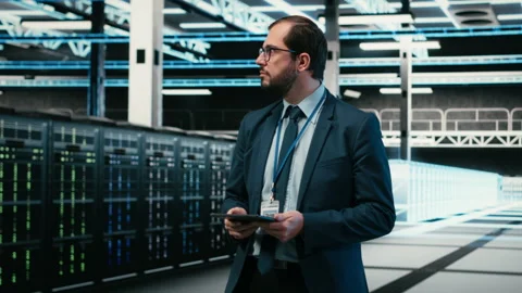 Data center software developer using tablet and augmented reality Stock Footage 329945336