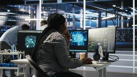 Data center software developer using artificial intelligence deep learning model Stock Photos