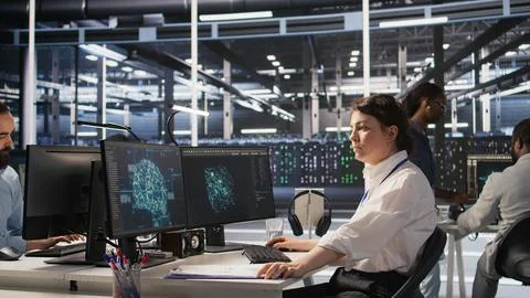 Data center software developer using PC to monitor neural networks 스톡 사진