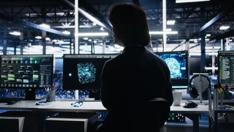 Data center software developer using computer to monitor neural network AI LLM Stock Photos