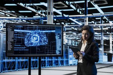 Data center software developer using AI projected on large display Stock Photos