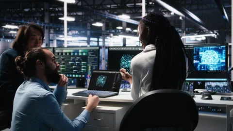 Data center software developers using machine learning algorithms Stock Footage 313568832