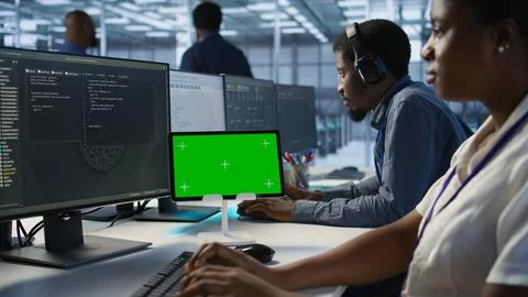 Data center software developers using chroma key tablet Foto stock