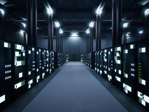 Data center space with multiple rows of server racks Stock Illustration
