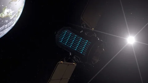 Data center in space. Satellite orbiting the Earth with servers working. Видео 337396387